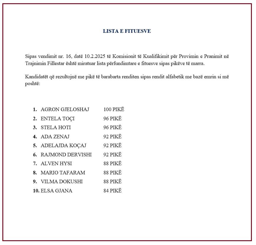 Shpallet lista e fituesve të provimit që do t’i nënshtrohen trajnimit të detyrueshëm fillestar për përmbarues gjyqësor privat.