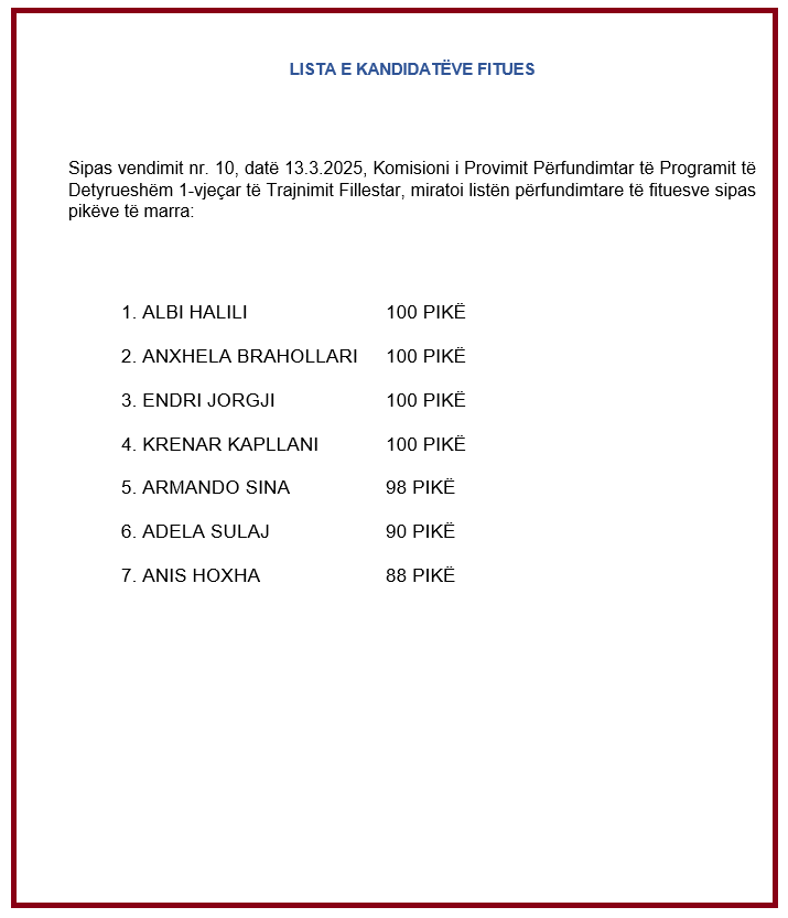 Shpallet lista përfundimtare e kandidatëve fitues të provimit përfundimtar të Programit të Detyrueshëm 1-vjeçar të Trajnimit Fillestar